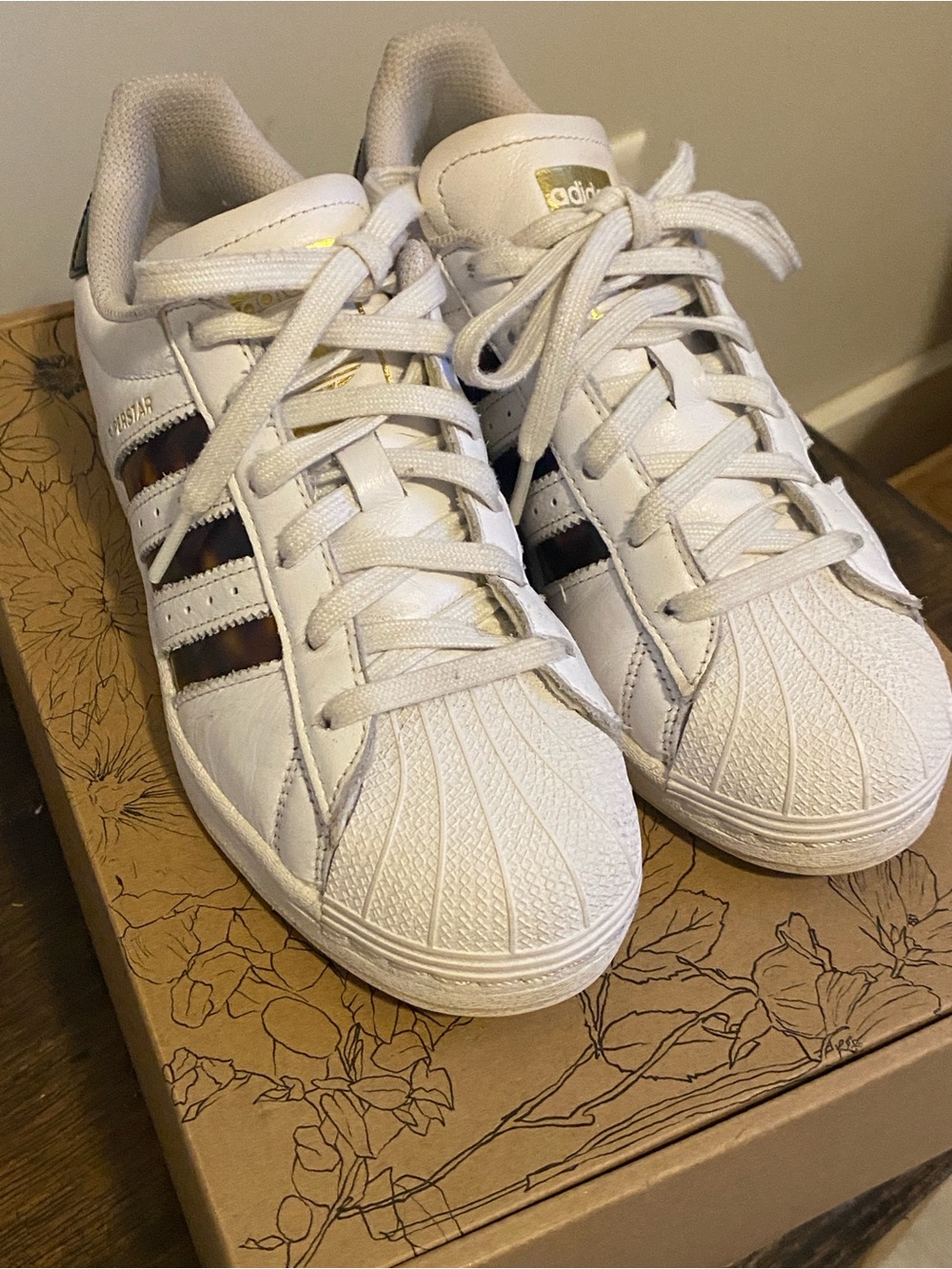 Adidas Tortoise Shell White Leather Superstar Sneakers with Gold Accents